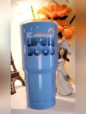 Corkcicle Sky Blue Tumbler with 'Life Is Good' Retro Graphic